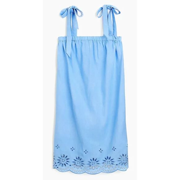 J. Crew Tie- Shoulder Dress with Embroidery Cotton Eyelet Hem Blue NWT Sz Small - Picture 1 of 8
